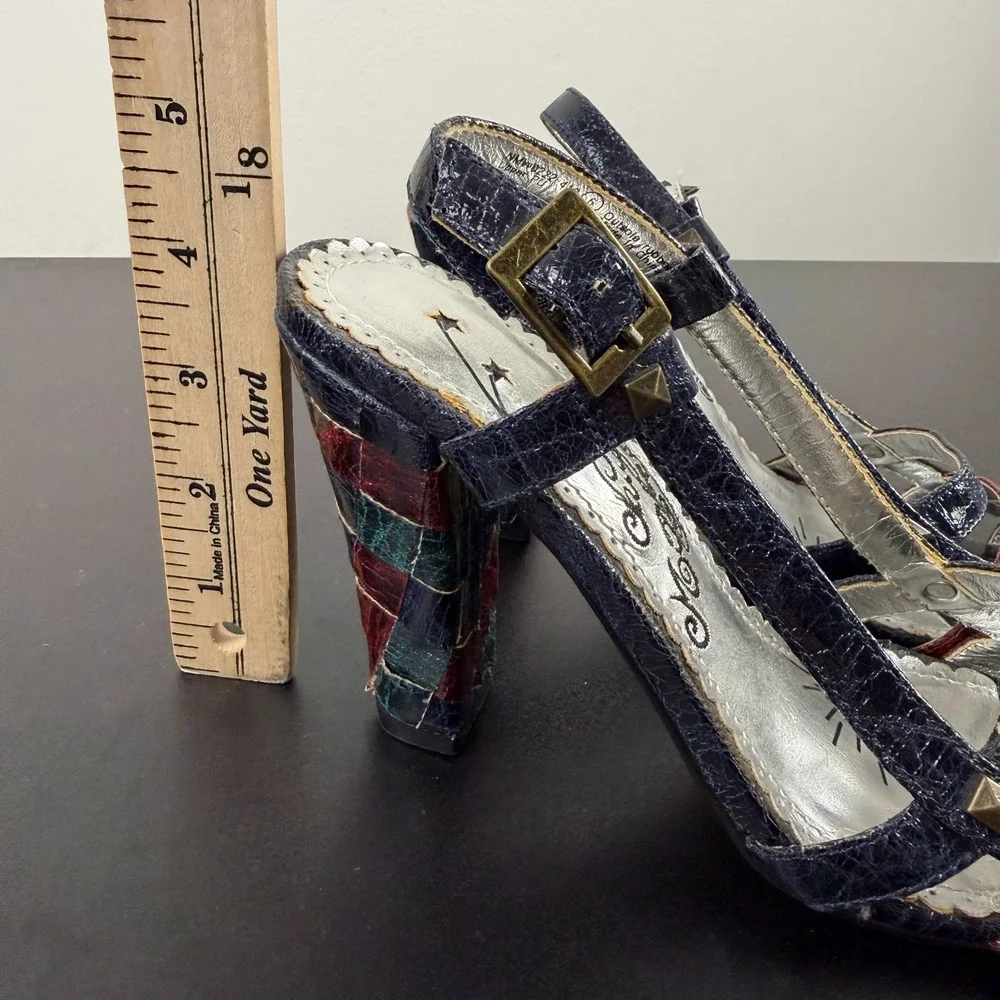 Naughty Monkey Slingback Block Heels Women's 6 Blue Leather Studded Straps Y2K